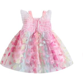 Baby Girl Butterfly Wings Fairy Dress Halloween Clothes Sleeveless A-line Ruffle Layered Lace Tutu Princess Dresses