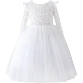 KARETT Girls Toddler Tutu Dress Long Sleeve Flower Dress Lace Straight Tulle Party Dress for Wedding Birthday