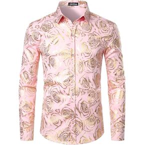 ZEROYAA Mens Hipster Gold Rose Printed Slim Fit Long Sleeve Dress Shirts/Prom Performing Shirts