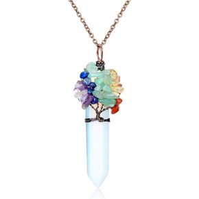 Jovivi Tiger Eye Crystals Necklace 7 Chakra Chipped Tumbled Gemstone Wire Wrapped Hexagonal Prism Healing Crystal Pointed Pendant Necklace Natural Reiki Quartz Jewelry Gifts for Women Men