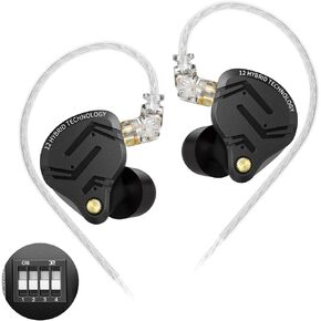 KZ ZS12 PRO X Wired Gaming Earbuds with Microphone, 5BA+1DD Hybrid Driver KZ in Ear Monitor IEM Earphones, 4-Level Tuning Switch, Full-Metal Cavity, 2Pin IEM Cable for Musician Stage (Black, with Mic)