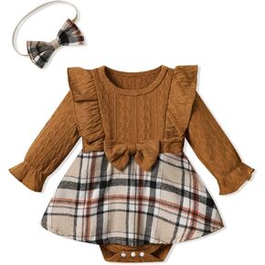 Newborn Baby Girl Romper Infant Fall Winter Outfits Long Sleeve Ruffle Plaid Romper Dress Ribbed Knit with Headband