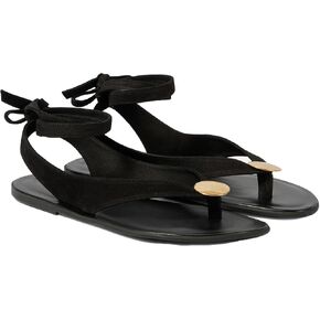 Suede Flat Sandals for Women Cute Ankle Strappy Thong Sandals Ladies Summer Dress Flip Flops with Metal Circular