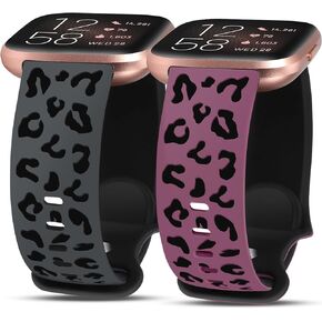 Minyee 2 Packs Leopard Engraved Band Compatible with Fitbit Versa 2/Fitbit Versa/Versa Lite Bands Women, Two-Tone Cheetah Soft Silicone Sport Designer Cute Fancy Summer Strap for Versa 2 Smart Watch