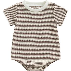 Unisex Baby Tshirt Bubble Romper Short Sleeve Crewneck Striped Print Waffle Romper Infant Summer Trendy Bodysuit