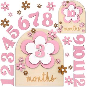 26 Pcs Baby Monthly Milestone Cards Set, 7 x 6 Inch Wooden Monthly Milestone Discs Milestone Wooden Circles One Month Baby Sign Milestone for Baby Girl (Flower)