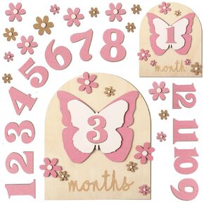 26 Pcs Baby Monthly Milestone Cards Set, 7 x 6 Inch Wooden Monthly Milestone Discs Milestone Wooden Circles One Month Baby Sign Milestone for Baby Girl (Flower)