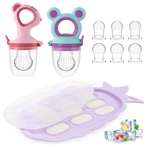 Silicone Baby Food Feeders + Freezer Tray for Batch Prep, Set of 2, Introduce New Foods Safely, Double as Teething Toys, Includes 4 Extra Pouches & Travel Lids, Dishwasher Safe (Purple)