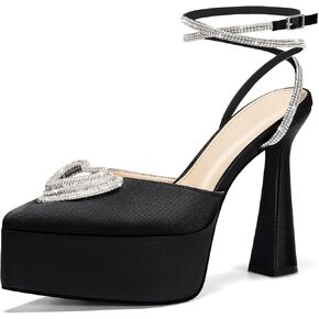 Coutgo Womens Platform High Chunky Heels Rhinestone Triple Heart Pointed Toe Ankle Strap Party Wedding Dress Pumps Shoes