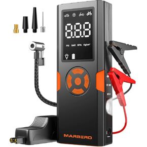 MARBERO 12V Portable Jump Starter for Car Battery Charger with Car Air Compressor 150PSI Booster Pack Jump Starter Box Portable Air Pump for Car Tire with LED Light for Travel Car Bike Motorcycle Ball