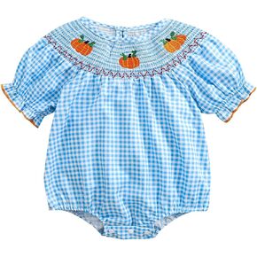 Baby Girl Halloween Pumpkin Romper Short Ruffle Sleeve Plaid Smocked Bubble Bodysuit Jumpsuit One Piece Outfit