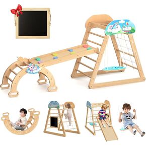 Pikler Triangle Set, 10 in 1 Wooden Climbing Toys for Toddlers, Indoor Climbing Ladder Gym, Montessori Baby Jungle Gym with Slides, Climbing/Net, Arch and Swing