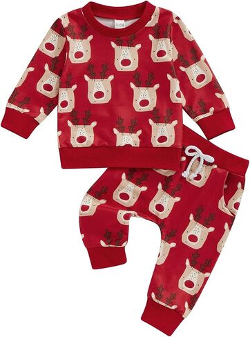 Toddler Baby Boy Girl Christmas Clothes Elk Long Sleeve Sweatshirt Tops Jogger Pants Set 2Pcs Fall Winter Outfit in Saudi Arabia