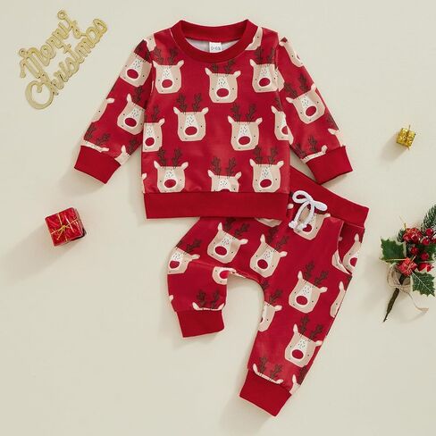 Toddler Baby Boy Girl Christmas Clothes Elk Long Sleeve Sweatshirt Tops Jogger Pants Set 2Pcs Fall Winter Outfit in Saudi Arabia
