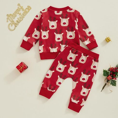 Toddler Baby Boy Girl Christmas Clothes Elk Long Sleeve Sweatshirt Tops Jogger Pants Set 2Pcs Fall Winter Outfit in Saudi Arabia