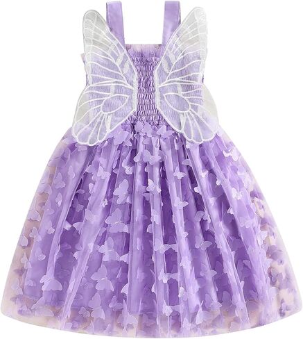 Baby Girl Butterfly Wings Fairy Dress Halloween Clothes Sleeveless A-line Ruffle Layered Lace Tutu Princess Dresses in Kuwait