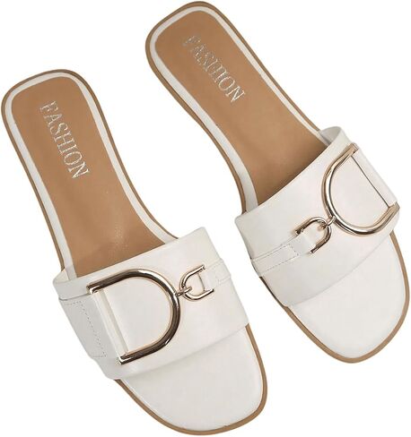 GORGLITTER Women's Chain Decor PU Leather Flat Sandals Square Open Toe Beach Summer Wide Width Sandals in Saudi Arabia