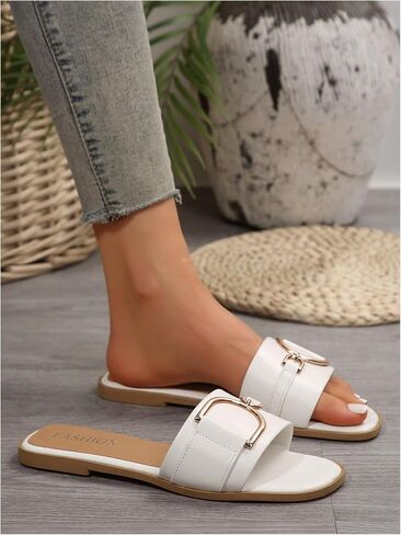 GORGLITTER Women's Chain Decor PU Leather Flat Sandals Square Open Toe Beach Summer Wide Width Sandals in Saudi Arabia