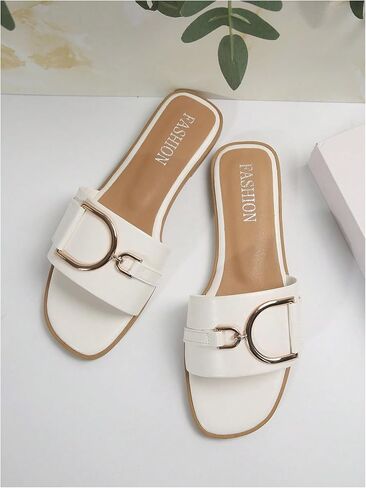 GORGLITTER Women's Chain Decor PU Leather Flat Sandals Square Open Toe Beach Summer Wide Width Sandals in Saudi Arabia