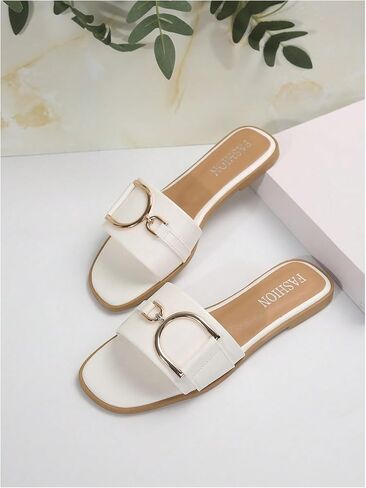 GORGLITTER Women's Chain Decor PU Leather Flat Sandals Square Open Toe Beach Summer Wide Width Sandals in Saudi Arabia