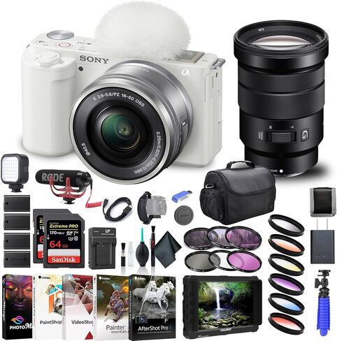 Sony ZV-E10 Mirrorless Camera with 16-50mm Lens White ILCZV-E10L/W, 18-105mm Lens, 4K Monitor, Pro Mic, 2 x 64GB Memory Card, Color Filter Kit, Filter Kit, and More in Saudi Arabia