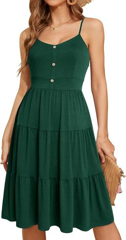 YATHON Sundresses for Women Casual Summer Beach Sleeveless Spaghetti Strap Dress Button Down Ruffle Flowy Pleated Dresses in Kuwait