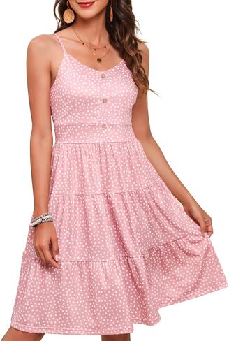 YATHON Sundresses for Women Casual Summer Beach Sleeveless Spaghetti Strap Dress Button Down Ruffle Flowy Pleated Dresses in Kuwait