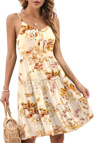 YATHON Sundresses for Women Casual Summer Beach Sleeveless Spaghetti Strap Dress Button Down Ruffle Flowy Pleated Dresses in Kuwait