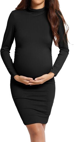 Narcissus Turtleneck & Ribbed Long Sleeve Maternity Dress, Ruch Sides Maternity Dress for Baby Shower in Kuwait