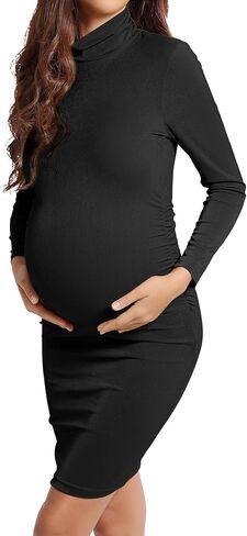 Narcissus Turtleneck & Ribbed Long Sleeve Maternity Dress, Ruch Sides Maternity Dress for Baby Shower in Kuwait