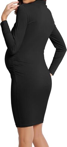 Narcissus Turtleneck & Ribbed Long Sleeve Maternity Dress, Ruch Sides Maternity Dress for Baby Shower in Kuwait