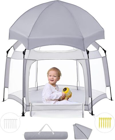 Babelio Playpen for Babies and Toddlers, Travel Playpen for Babies, Portable Pop Up Play Yard W/Canopy, Indoor and Outdoor, Sun Protection, Anti-Mosquito & Bugs, One-Touch Storage- Light Grey in Saudi Arabia