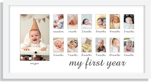إطار صورة My First Year مقاس 12 × 16 يعرض صورة واحدة مقاس 5 × 7 بوصة واثني عشر صورة مجمعة صغيرة مقاس 2 × 3 بوصة معلقة على الحائط أو هدية للأم الجديدة على الطاولة وإطار صورة طفل باللون الأبيض in Kuwait