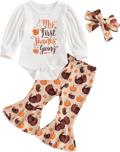 My First Thanksgiving Baby Girl Outfit Newborn Turkey Romper Bell Bottom Pants Headband Baby Thanksgiving Clothes in Saudi Arabia