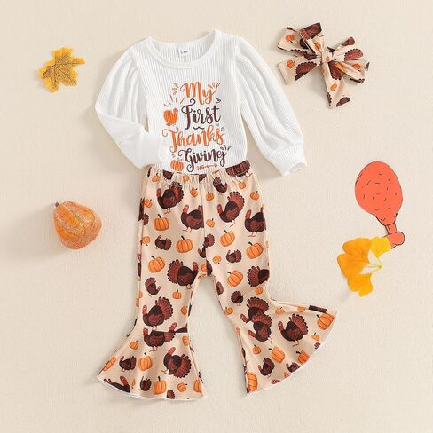 My First Thanksgiving Baby Girl Outfit Newborn Turkey Romper Bell Bottom Pants Headband Baby Thanksgiving Clothes in Saudi Arabia
