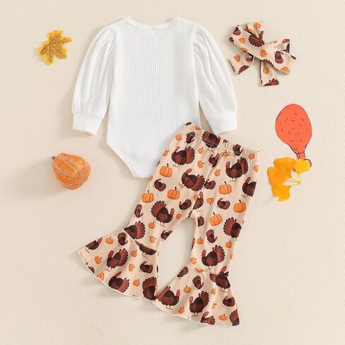My First Thanksgiving Baby Girl Outfit Newborn Turkey Romper Bell Bottom Pants Headband Baby Thanksgiving Clothes in Saudi Arabia