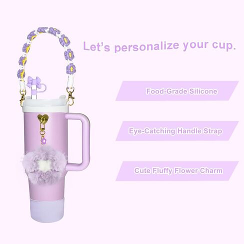Stanley Cup Accessories 30 oz 40 oz including Water Bottle Handle Strap, Silicone Boot, 0.4" Straw Cover and Cute Pom-pom Stanley Charms Tumbler Accessories, Purple in Saudi Arabia