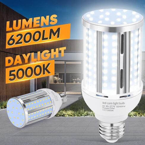 2 حزمة 54W لمبة LED الذرة بدون مروحة، (480 واط يعادل) E26 / E27 قاعدة متوسطة LED مصباح Cob 5000K ضوء النهار 6،800LM للخارجية داخلي المرآب مستودع مصنع ورشة عمل الشارع الفناء الخلفي in Kuwait