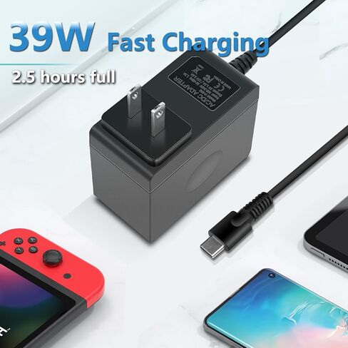 شاحن 39 وات لجهاز نينتندو سويتش مع محول تيار متردد طويل للغاية بطول 10 أقدام USB-C متوافق مع سويتش OLED وسويتش لايت، يدعم وضع سويتش TV (شحن سريع لمدة 2.5 ساعة للتبديل) in Kuwait