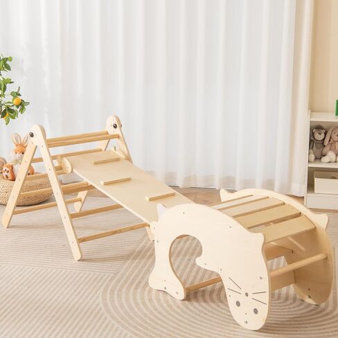 Costzon Climbing Toys for Toddlers, 5 in 1 Foldable Montessori Wooden Arch Climber Ladder with Sliding Ramp, Multi-Combination Methods, Kids Triangle Climber Play Gym Set for Boys Girls Present in Kuwait
