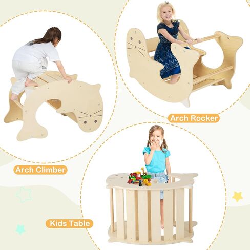 Costzon Climbing Toys for Toddlers, 5 in 1 Foldable Montessori Wooden Arch Climber Ladder with Sliding Ramp, Multi-Combination Methods, Kids Triangle Climber Play Gym Set for Boys Girls Present in Kuwait