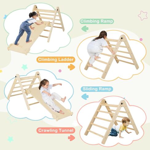 Costzon Climbing Toys for Toddlers, 5 in 1 Foldable Montessori Wooden Arch Climber Ladder with Sliding Ramp, Multi-Combination Methods, Kids Triangle Climber Play Gym Set for Boys Girls Present in Kuwait