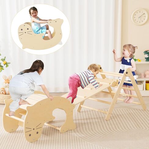 Costzon Climbing Toys for Toddlers, 5 in 1 Foldable Montessori Wooden Arch Climber Ladder with Sliding Ramp, Multi-Combination Methods, Kids Triangle Climber Play Gym Set for Boys Girls Present in Kuwait