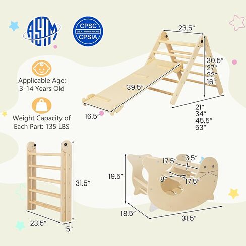 Costzon Climbing Toys for Toddlers, 5 in 1 Foldable Montessori Wooden Arch Climber Ladder with Sliding Ramp, Multi-Combination Methods, Kids Triangle Climber Play Gym Set for Boys Girls Present in Kuwait