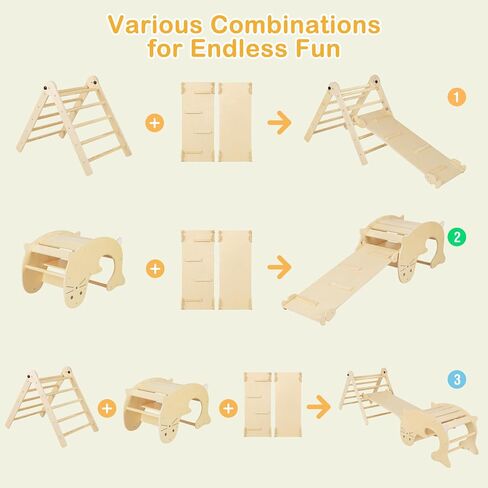 Costzon Climbing Toys for Toddlers, 5 in 1 Foldable Montessori Wooden Arch Climber Ladder with Sliding Ramp, Multi-Combination Methods, Kids Triangle Climber Play Gym Set for Boys Girls Present in Kuwait