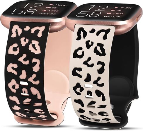 Minyee 2 Packs Leopard Engraved Band Compatible with Fitbit Versa 2/Fitbit Versa/Versa Lite Bands Women, Two-Tone Cheetah Soft Silicone Sport Designer Cute Fancy Summer Strap for Versa 2 Smart Watch in Saudi Arabia