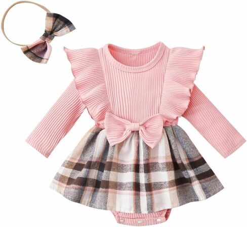 Baby Girl Clothes Fall Winter Outfit Long Sleeve Plaid Romper Dress Ruffles Jumpsuit with Bow Headband in Kuwait