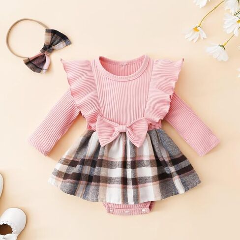 Baby Girl Clothes Fall Winter Outfit Long Sleeve Plaid Romper Dress Ruffles Jumpsuit with Bow Headband in Kuwait
