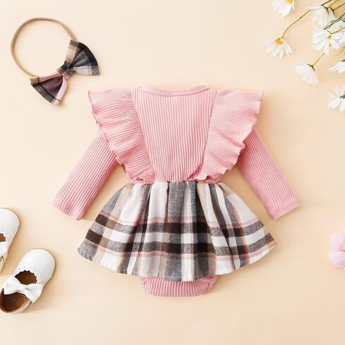 Baby Girl Clothes Fall Winter Outfit Long Sleeve Plaid Romper Dress Ruffles Jumpsuit with Bow Headband in Kuwait