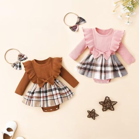 Baby Girl Clothes Fall Winter Outfit Long Sleeve Plaid Romper Dress Ruffles Jumpsuit with Bow Headband in Kuwait